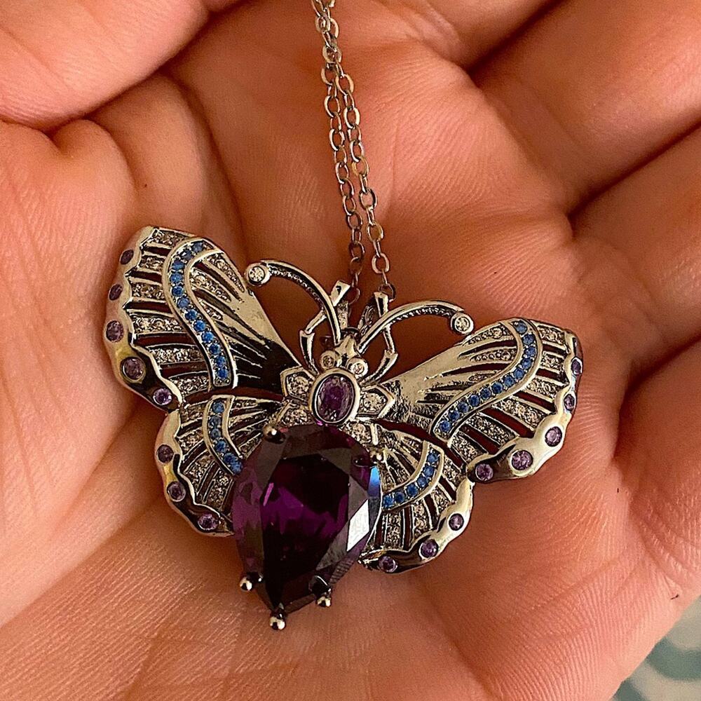 Antique Butterfly Amethyst Pendant Necklace, Silver, Brooch, Wedding, Engagement